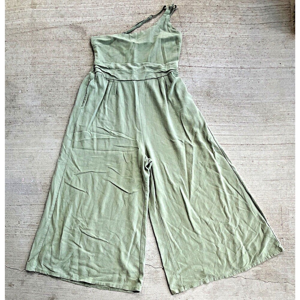 ANRABESS Wide Leg Jumpsuit Size L Green One Shoulder Lagenlook Boho Chic Earthy